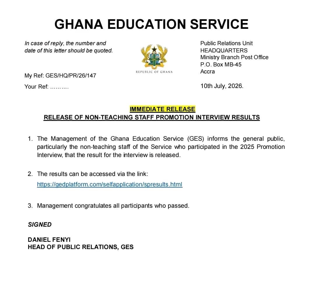 BREAKING: GES Releases 2025 Non-Teaching Staff Promotion Interview Results