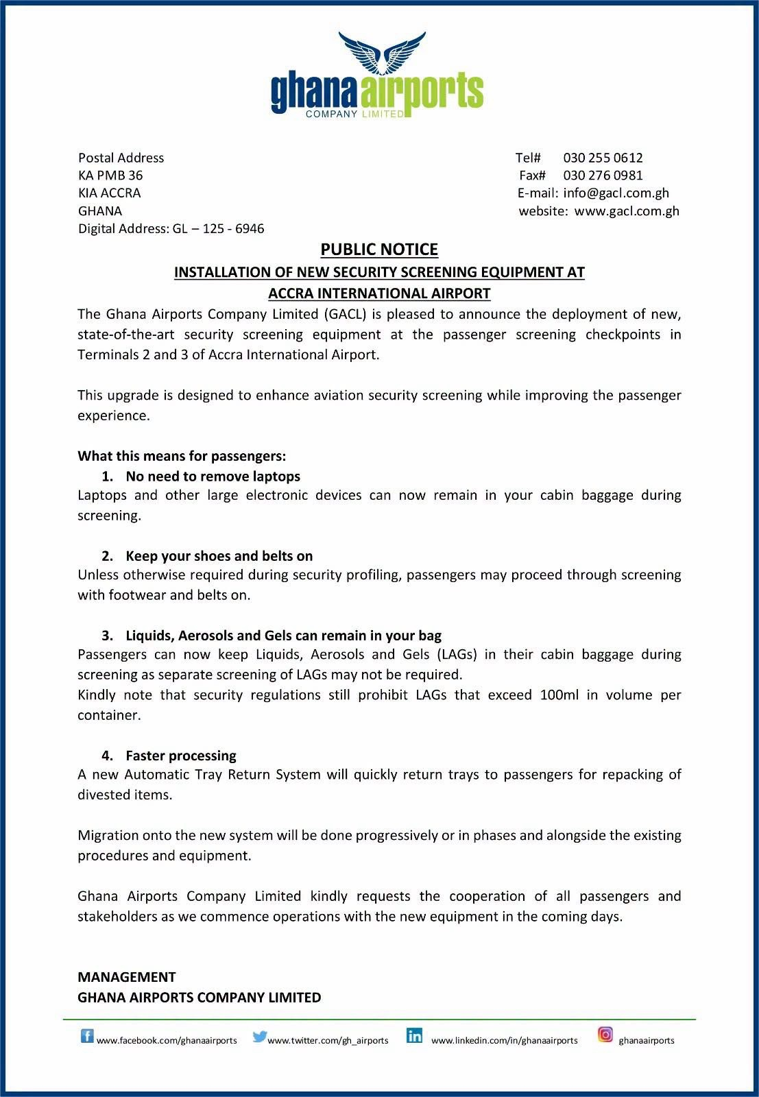 GACL Announces Installation of New Security Screening Equipment at Accra International Airport