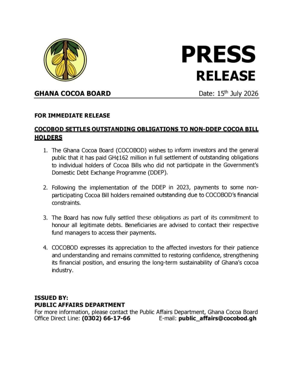 COCOBOD Settles Outstanding Obligations to Non-DDEP Cocoa Bill Holders